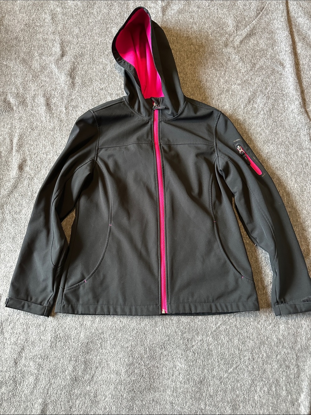 Black Hooded Softshell Jacket with Pink Trim